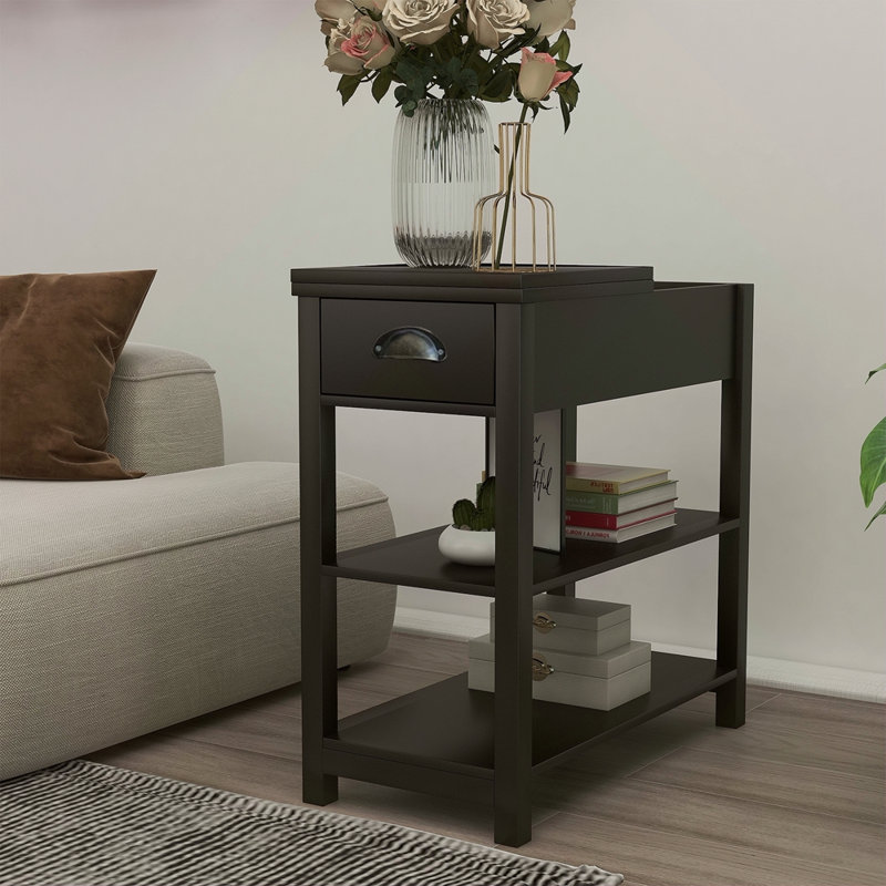 Narrow Sided Table With Drawers And Bottom Partition In Flip Over Design, Brown