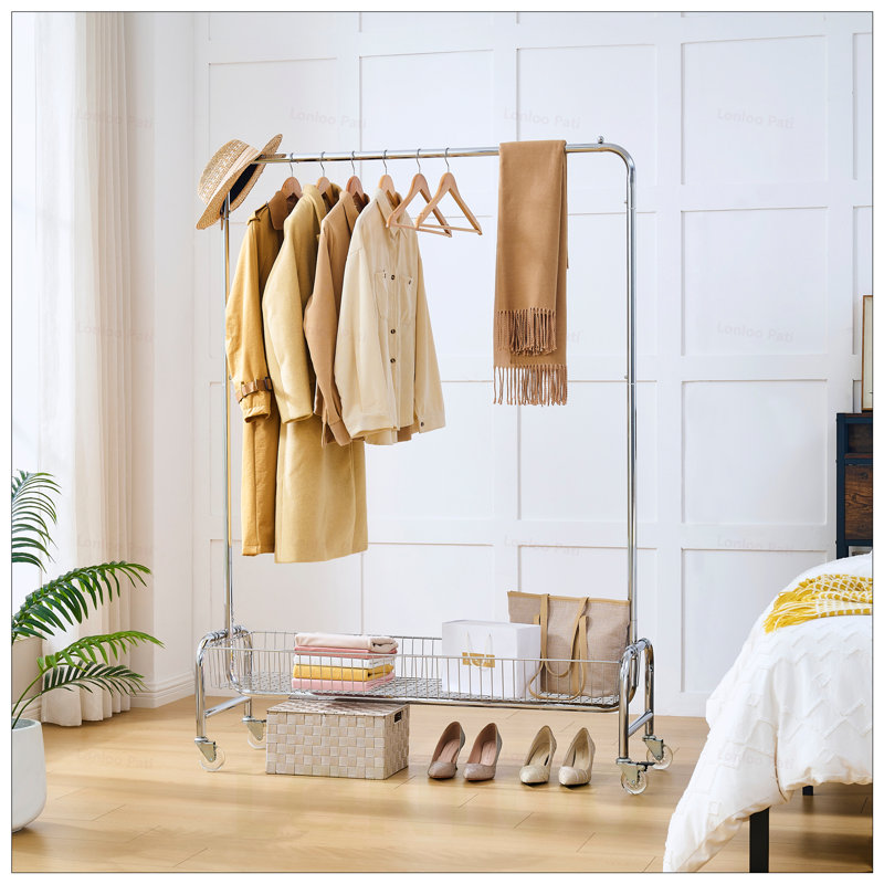 Heavy Duty Garment Rack with Spacious Basket and Rolling Wheels for Easy Mobility and Storage