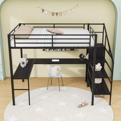Full Metal Loft Bed with L-Shaped Desk, Wardrobe, USB, LED Lighting, Stairs and Adjustable Shelves