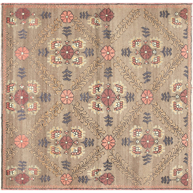 Tapis carré unique en laine noué à la main de style années 1960 de 4 pi 6 po en brun