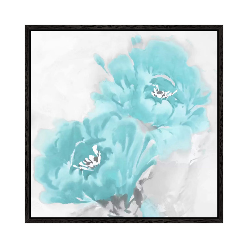 Flower Bloom In Aqua I by Jesse Stevens - Print on Canvas, 93.98 cm H x 93.98 cm W, Black Floater Framed