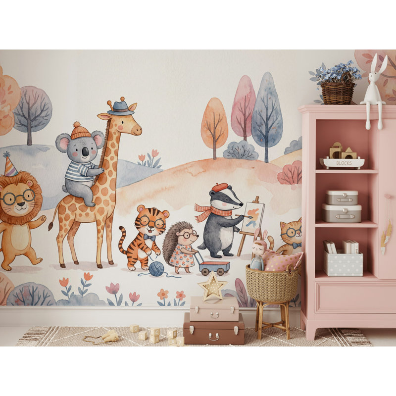 Papier peint fantaisiste Playful Animals, 160 po x 108 po, Peler et coller