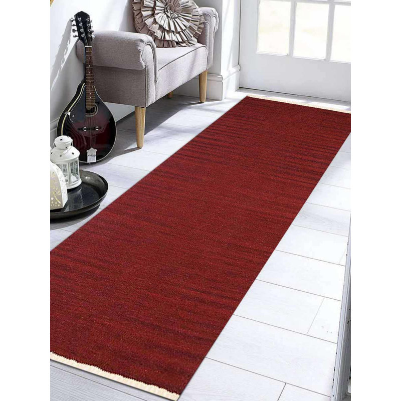 Alithea Hand Woven Flat Weave Kilim Wool Eco-Friendly Area Rugs - Runner, Dark Red Color, Plain Solid Design, Low Pile Handmade Area Rugs for Living Room, Bed Room