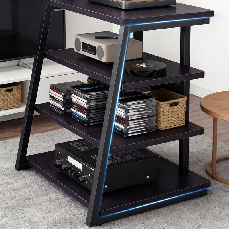 Media Console With Built-In Power Strip & LED Lights, Adjustable Audio Tower Cabinet With Sturdy Storage Shelves For Stereo Equipment And Turntables