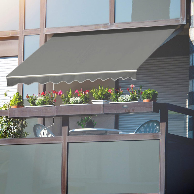 Patio Awning with Retractable Function and Manual Crank, Beige, 59" H x 142" W x 116.5" D