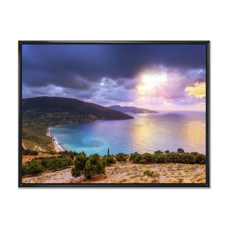 Été coucher de soleil sur la mer - art mural sur toile nautique et côtier, H 32 po x l 16 po x P 1 po, Cadre flottant noir