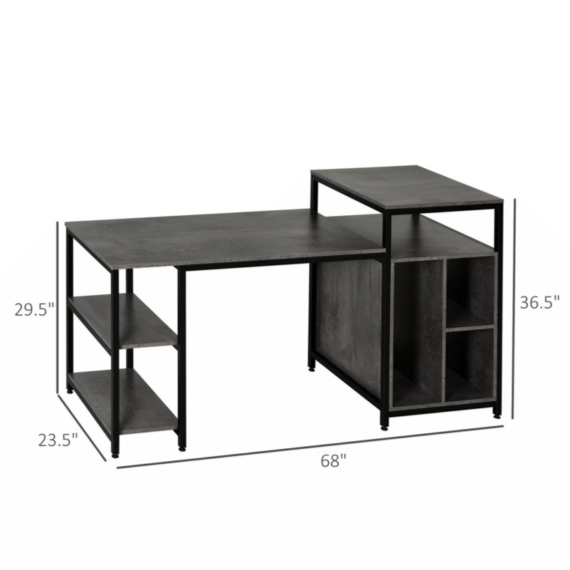 68 Inch Office Table Computer Desk Workstation Bookshelf With CPU Stand, Spacious Storage Shelves & Chic Modern Woodgrain Design, Grey