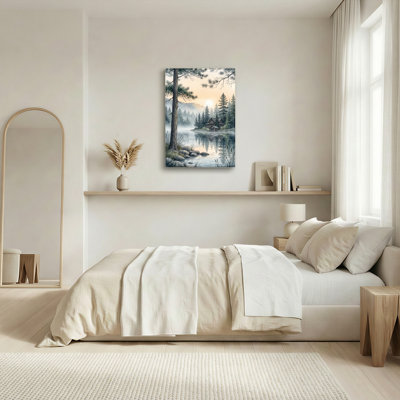 Ensemble de 1 tableau sur toile représentant un chalet au bord d'un lac