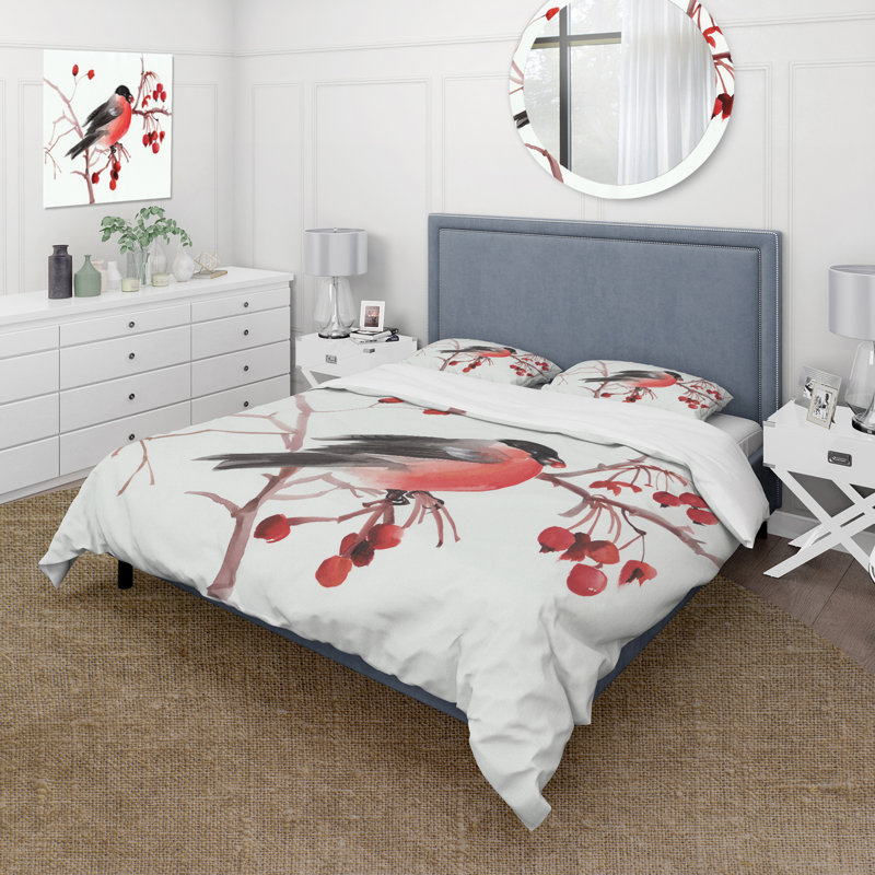 Bullfinch Bird On A Branch - Ensemble de housse de couette traditionnel - Microfibre de polyester