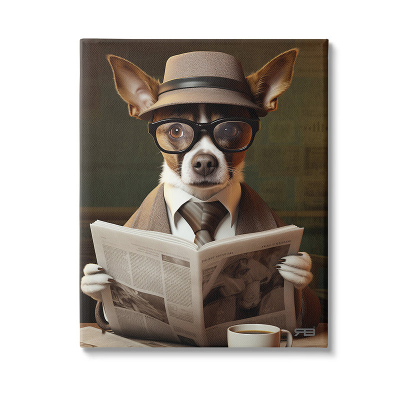 "Classy Dog" avec journal, art mural par Rb, H 48 po x l 36 po