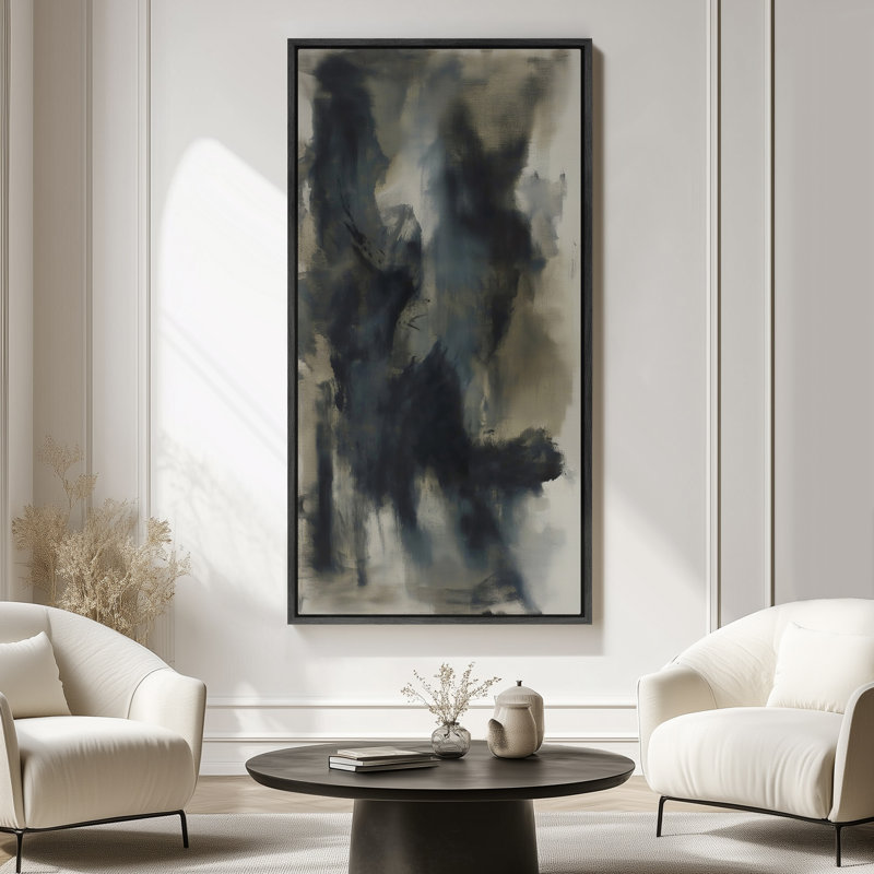 Deep Charcoal Abstract Art - Large Framed Canvas Master Bedroom Wall Art Print, 60" H x 30" W x 1.5" D, Black
