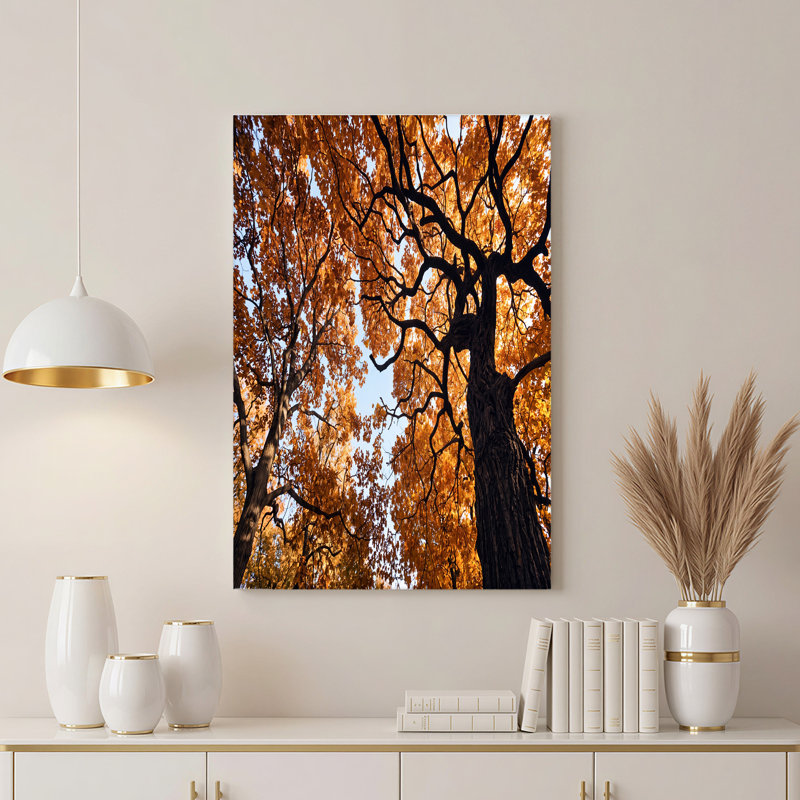 Art mural sur toile, "Towering Trees" avec feuilles d'automne dorées et ciel bleu, 24"H x 36"W