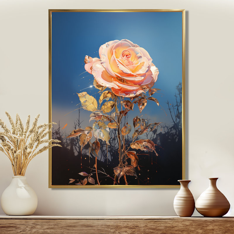 «Vibrant Pink Rose Blue Sunset Sky - Rose», art mural, Toile avec cadre flottant or, H 32 po x l 24 po x P 1 po