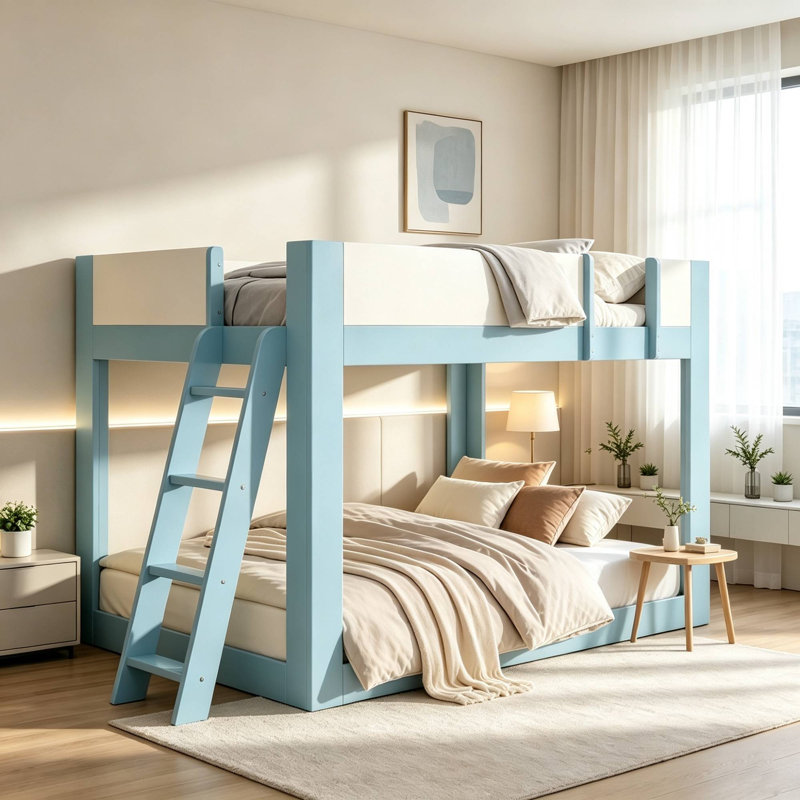 Lit superposé bas moderne à deux tons avec échelle réversible et garde-corps de sécurité, aucun sommier nécessaire, Bleu