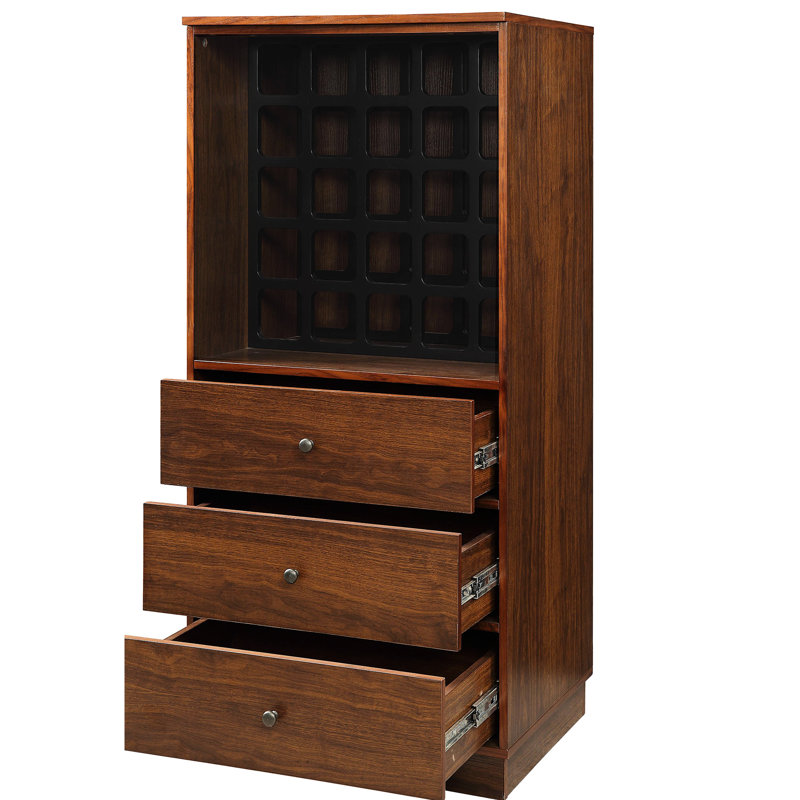 Armoire porte-bouteilles en noyer, 3 tiroirs, 25 bouteilles au fini noyer, 25 compartiments, tiroirs latéraux