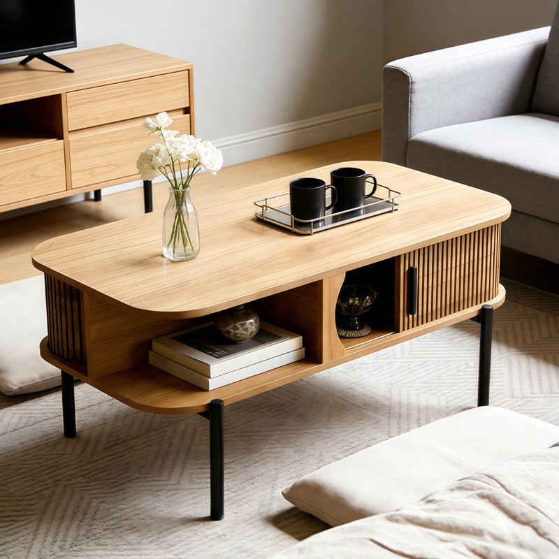 39.3" Mid Century Modern Coffee Tables For Living Room, Coffee Table With Storage Open Shelf, Fluted Table With Sliding Cabinet Door, 2-tier Rustic Wood Desktop, Brown