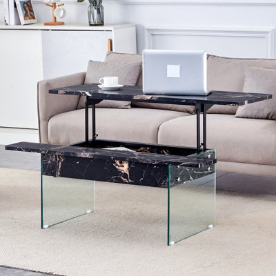 Table basse à plateau relevable de 43,3 pouces avec rangement, pieds en verre trempé robuste et peu encombrant pour le salon et le bureau