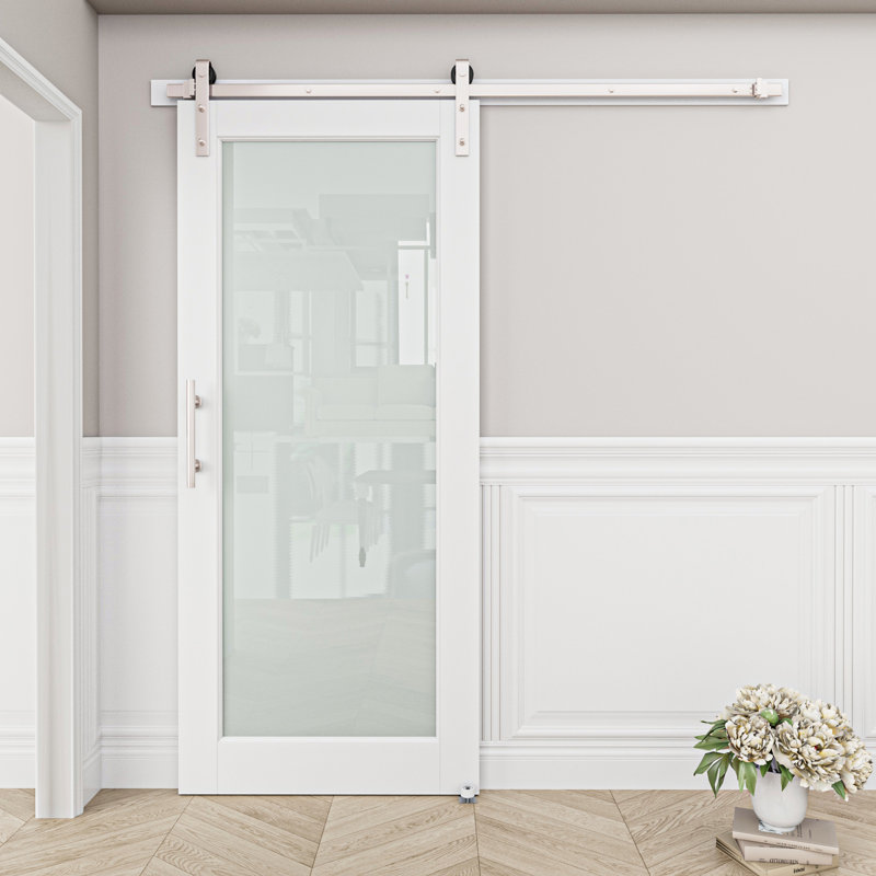 36" x 80" White Primed MDF Barn Door with Frosted Glass and Nickel Hardware