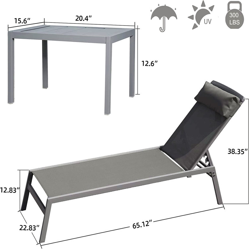 Patio Chaise Lounge Set, 3 Pieces Adjustable Aluminum Backrest Pool Lounge Chairs PVC-coated polyester Sunbathing Recliner With Headrest (2 Lounge Chairs+ 1 Table)