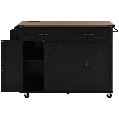 53.5'' Kitchen Island With 2 Ac Outlets, Ports, Drop Leaf, 4 Doors, Drawers, 5 Lockable Wheels, Black Wood Grain, Brown Tabletop, For Use Rectangular Built - In Charging Station, Adjustable Shelves,