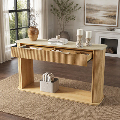 Console cannelée avec plateau en imitation travertin, table d'entrée avec moulures, 2 tiroirs et étagère ouverte, table d'appoint moderne aux bords arrondis pour salon.