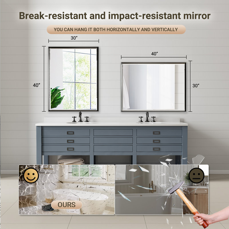 Lohoski Rectangle Beveled Bathroom Vanity Mirror with Thin Aluminum Frame, Matte Black, 30" x 40"