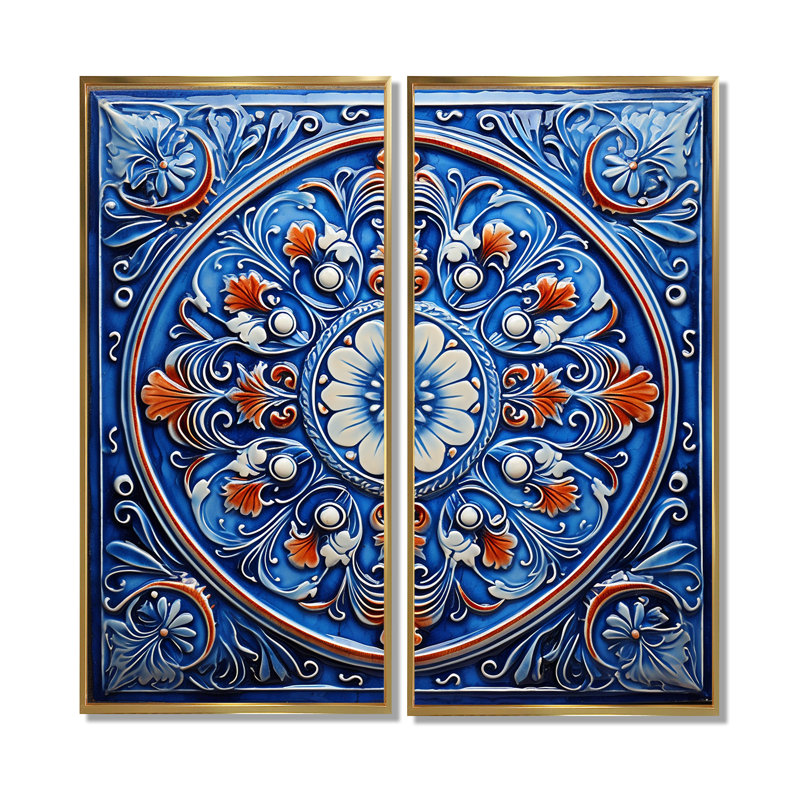 Motif floral mosaïque bleue et orange 4, H 32 po x l 32 po, Impression encadrée flottante, Doré