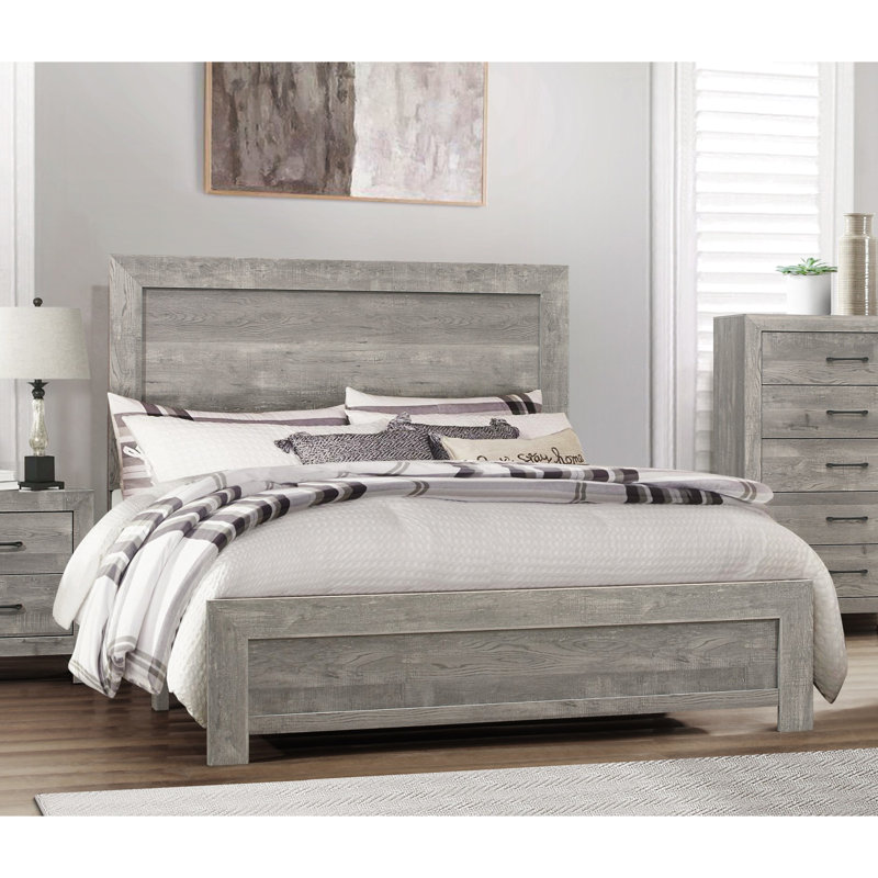 Très grand lit rustique gris, chambre en bois d'ingénierie avec rails et placage