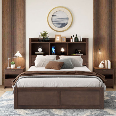 Lit plateforme double avec lit gigogne, tablettes coulissantes et 2 tiroirs