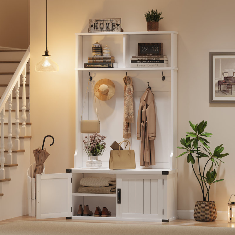 76-Inch Hall Tree with Bench and Shoe Storage in White -  Entryway Bench with Coat Rack. 4 Shoe Compartments. 4 Coat Hooks and Top Storage for Mudroom