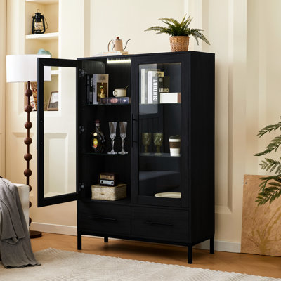 Cabinet de 60 po de hauteur avec DEL, deux tiroirs, porte en verre trempé, style moderne noir pour la maison,