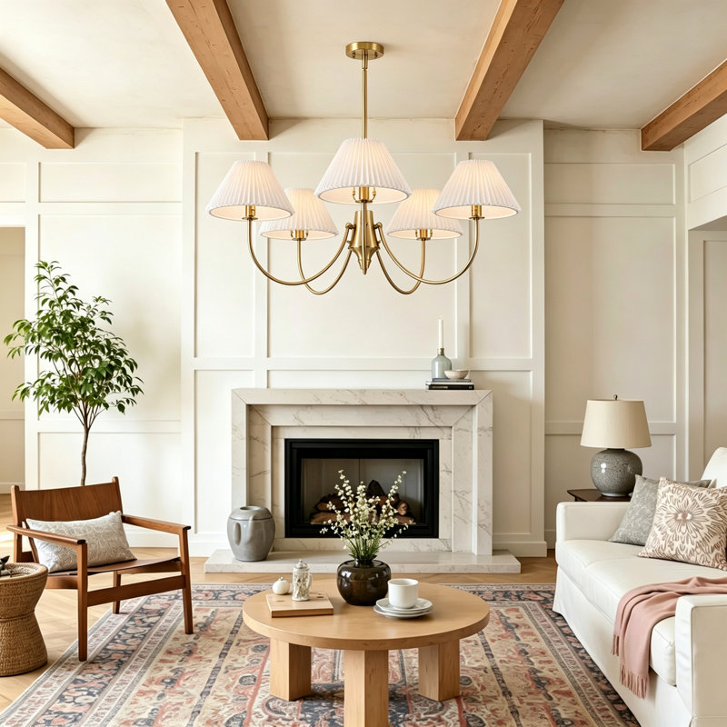 5-Light Transitional Pleated Fabric Pendant Light, Gold