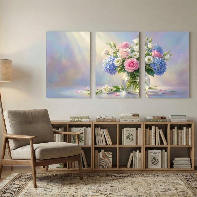 Plantes et fleurs, bouquet de fleurs dans un vase avec ensemble de 3 impressions murales sur toile, H 24 po x l 48 po