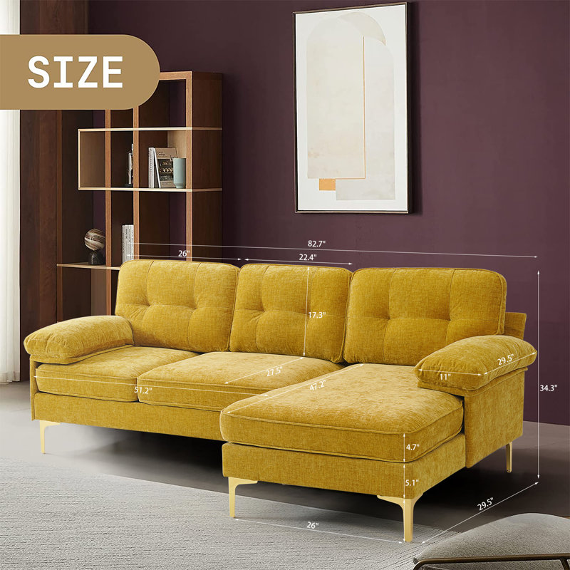 Hilmir 82.7'' Upholstered Convertible Sectional sofa,Modern L Shaped Sectional Sofa for Small Space, Golden Chenille