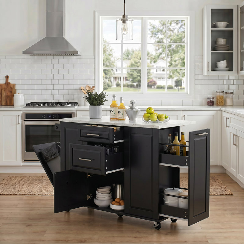 Kitchen Island Fits for Home with Drop Leaf Countertop, Hidden Trash Cabinet & Pull-Out Organizer, Black