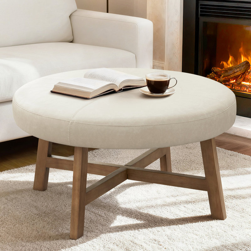 33.1" Round Leather Coffee Table, Beige