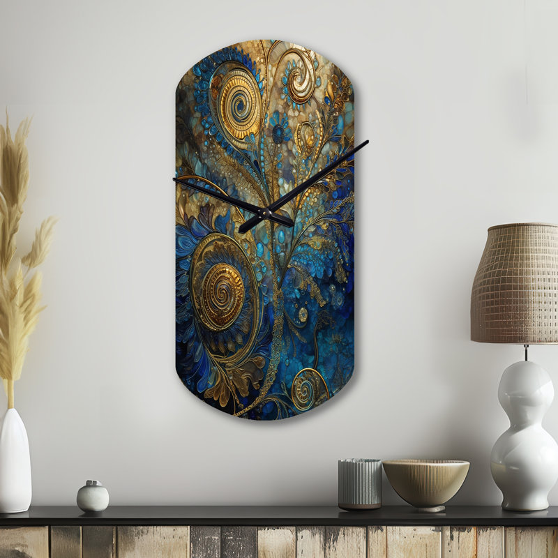 Horloge murale asymétrique en métal bleu et doré - Boho Feather, Petit
