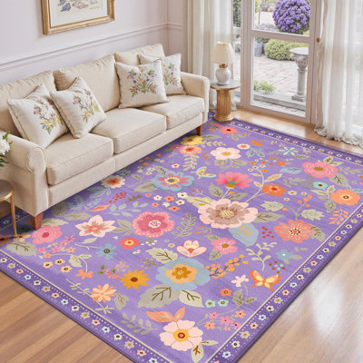 6X9 Purple/Pink/Multi Floral Boho Rug Machine Washable Non-Slip Low Pile Carpet For Nursery Kids Room
