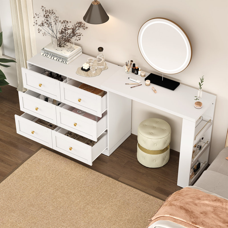 Extendable Makeup Vanity Desk With 6 Drawers, White