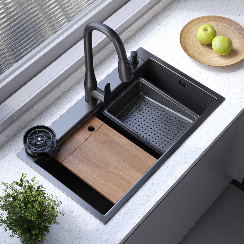 Évier de cuisine à simple cuve en acier inoxydable noir, évier de poste de travail encastré avec accessoires coulissants, sans robinet