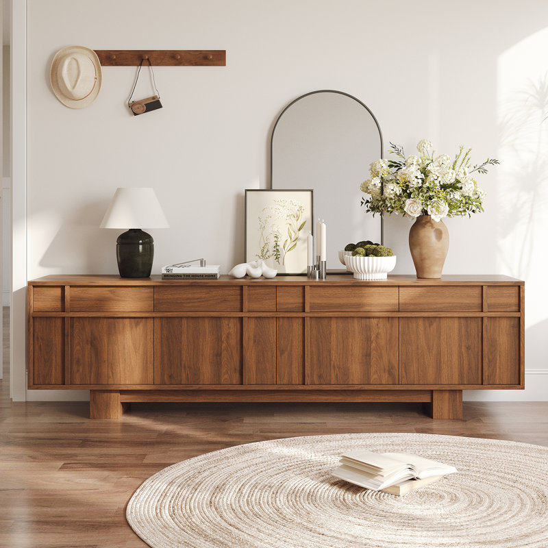 Meuble télé 71 po en noyer, console multimédia moderne avec tiroir et rangement, meuble audio-vidéo de salon, Brun