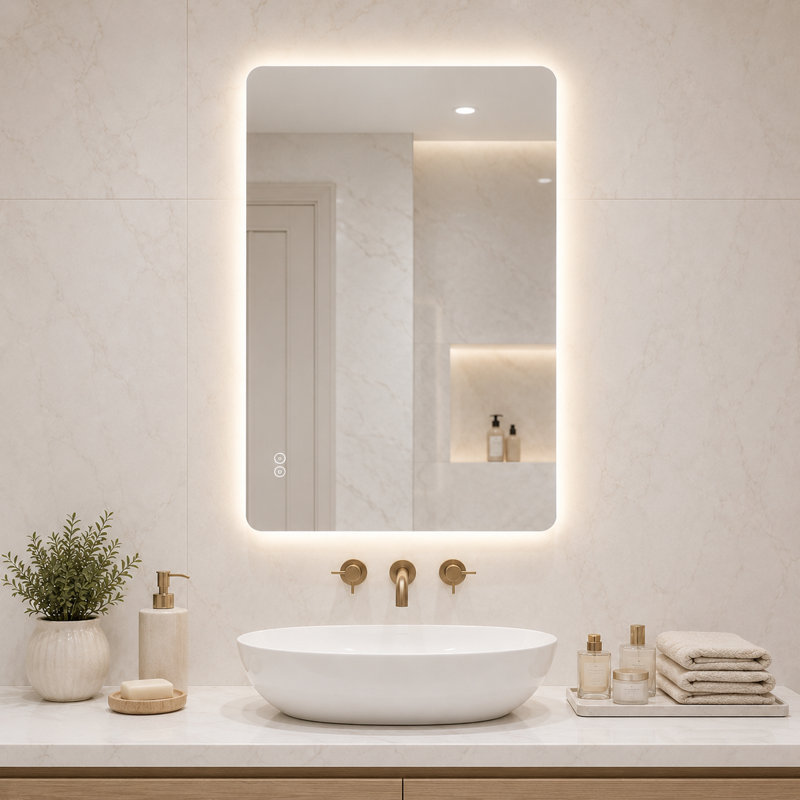 Miroir de salle de bain 48 po x 32 po rectangulaire sans cadre à rétroéclairage DEL avec antibuée, 3 lumières à intensité variable et commande tactile