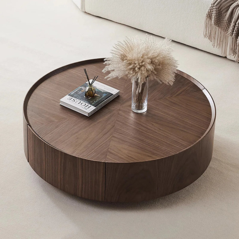 31.5" Round Walnut Coffee Table With Hidden Drawers, Classic Design, Fully Assembled, 11.8'' H x 31.5'' W x 31.5'' D, Brown