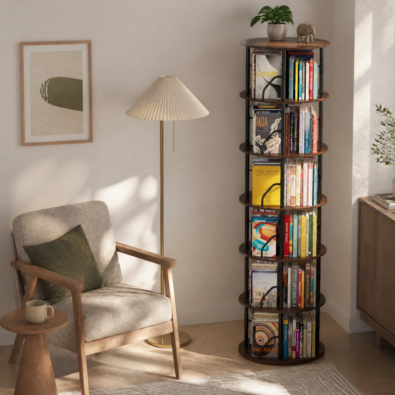 Rotating 360° Bookshelf Tower, Stackable Spinning Bookcase, Space‑Saving Revolving Round Shelf, Floor Standing Swivel Corner Organizer