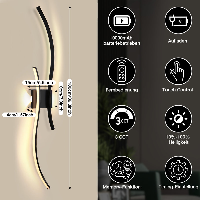 Large Indoor Wall Lights Set of 2,100cm Rechargeable Wireless Wall Lights with Remote Control