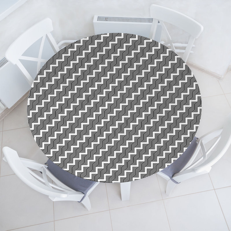 Ambesonne Chevron Fitted Round Tablecloth Charcoal Gray White, 47.24" Round
