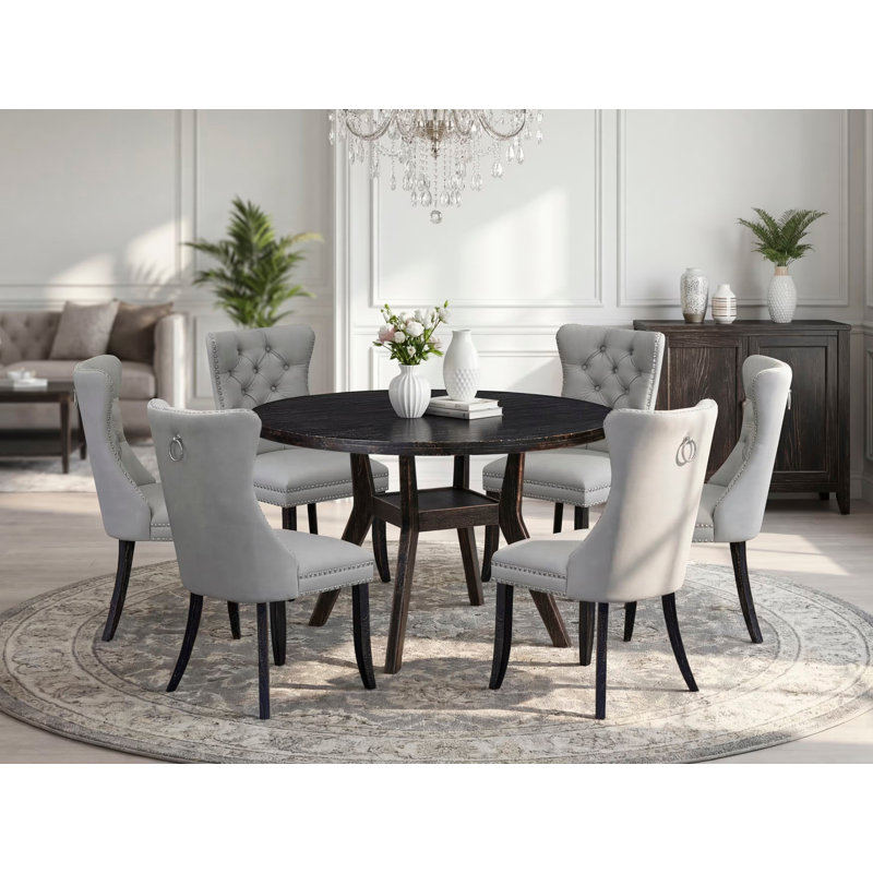 7 Piece Dining Table Set Contains a 48" Round Table with Pedestal and 6 Light Gray Polyester fabric Upholstered Chairs, Sand Blasted Black