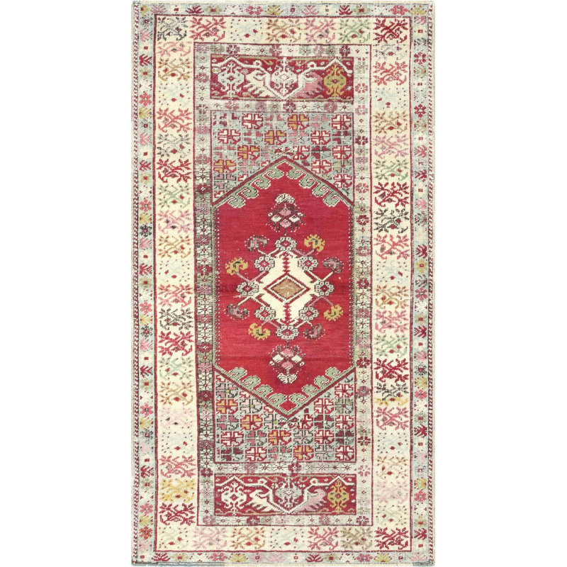 Tapis unique en laine noué à la main des années 1960 de 3 pi 8 po x 6 pi 10 po en rouge / jaune / ivoire / gris
