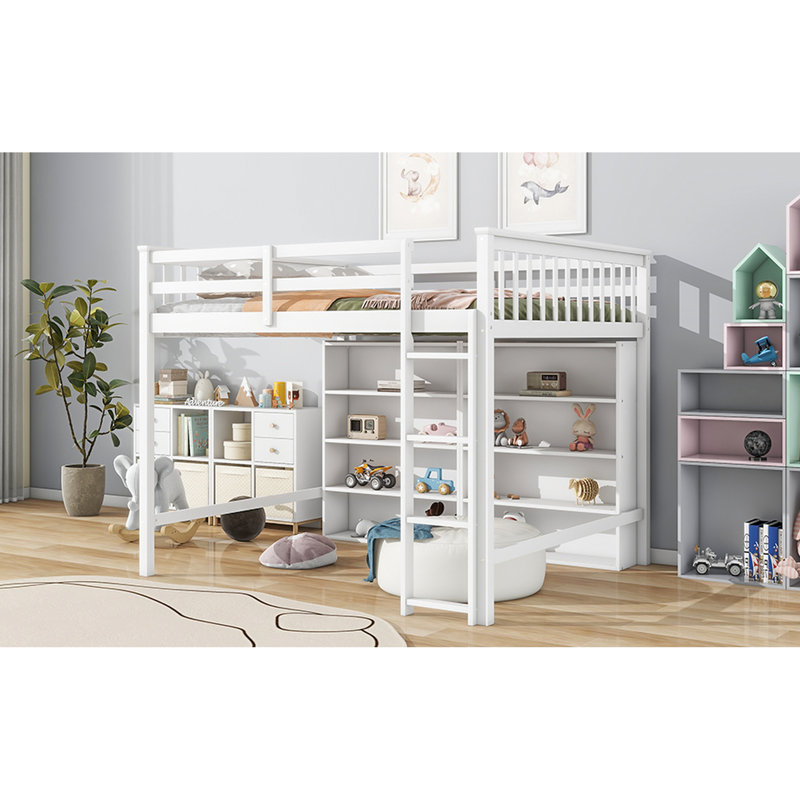 Lit mezzanine avec 8 tablettes et blanc - Organisez votre chambre à coucher facilement, Blanc