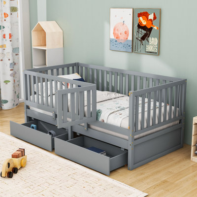 Wood Daybed With Fence Guardrails And Storage Drawers